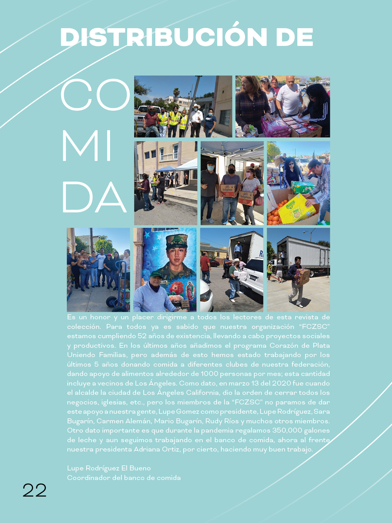 Collage of community food distribution activities with volunteers handing out groceries and boxes, set on a light blue background with Spanish text about community support during the pandemic.