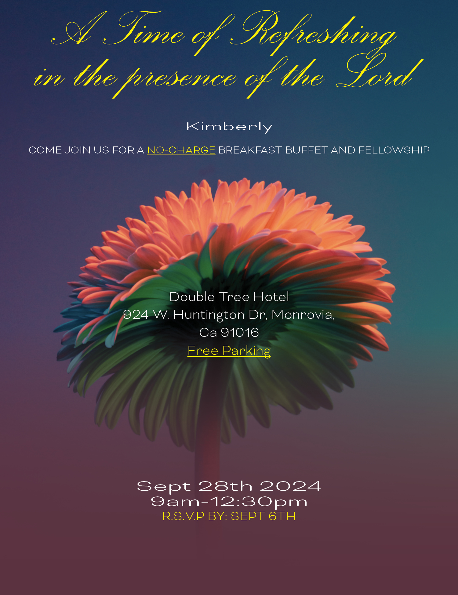 Invitation with an orange flower against a blue-purple gradient background announcing a no-charge breakfast buffet and fellowship at Double Tree Hotel, Monrovia, on Sept 28th, 2024, 9am-12:30pm, with RSVP by Sept 6th.