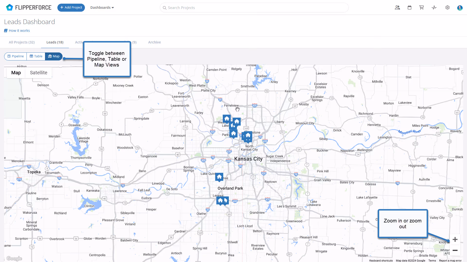 Use the Map view to see all of your Leads in a Map View.