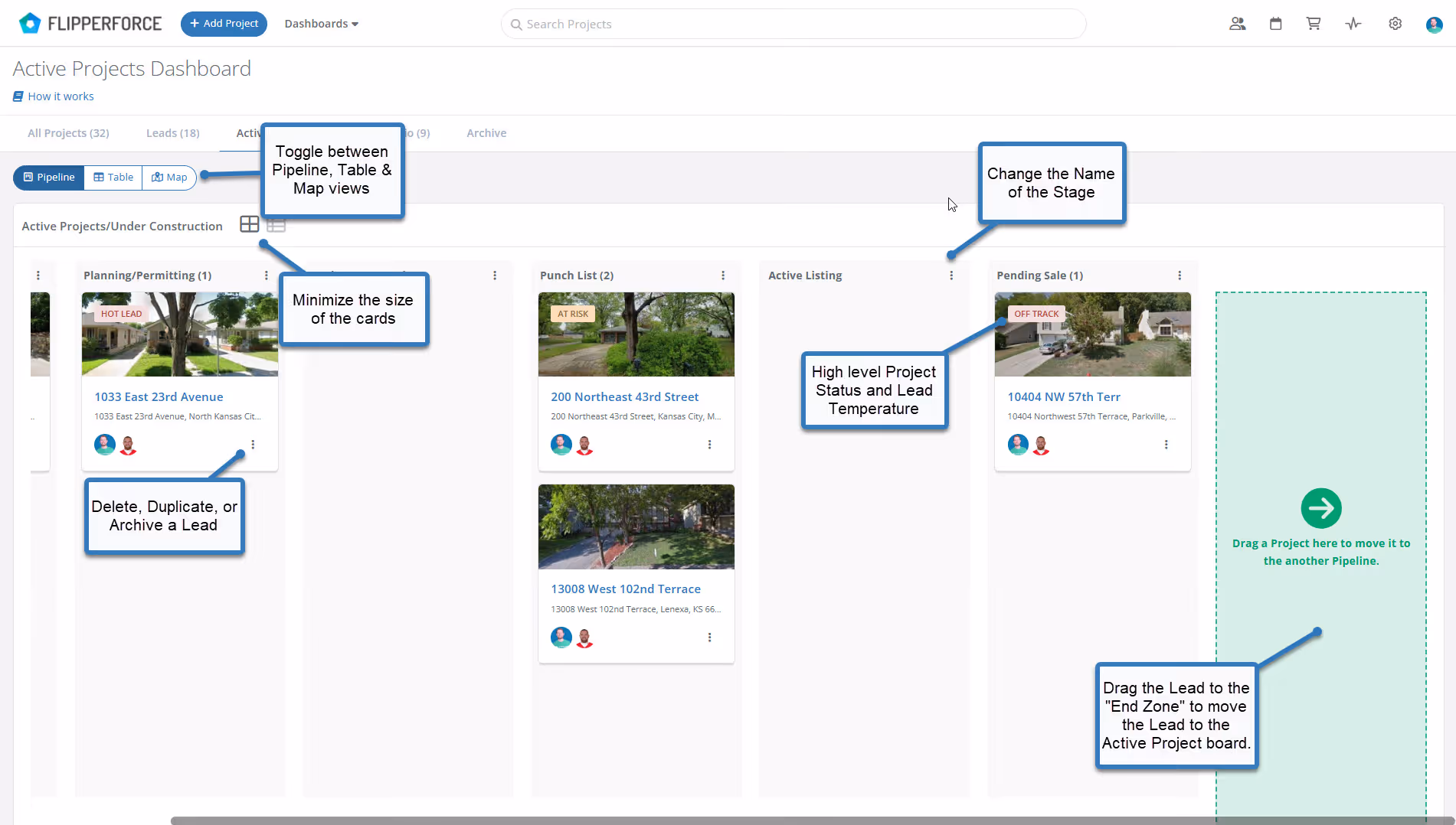 Use the Table view to see a detailed list view with the overall Status, important milestones and budget overages/underages for your Active Projects.