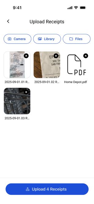 Upload: Take a picture via the mobile app or upload files in bulk through the web app.
