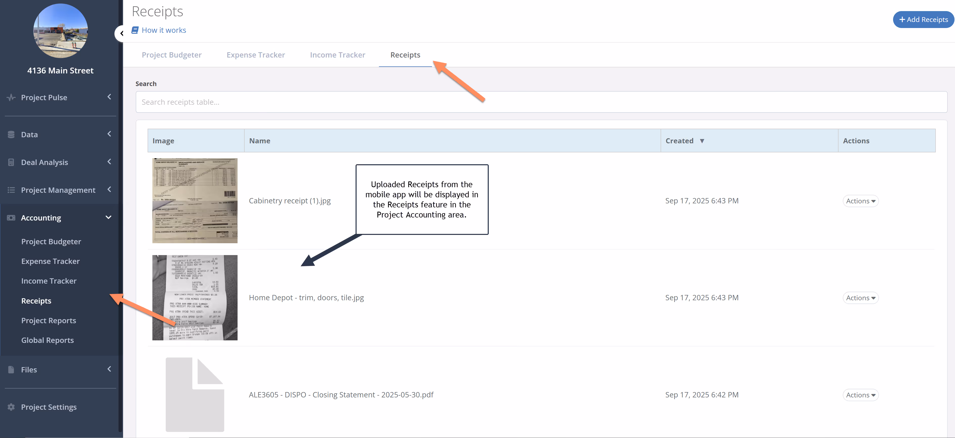 Organize: All uploaded receipts are displayed in the dedicated "Receipts" table in the FlipperForce web app.
