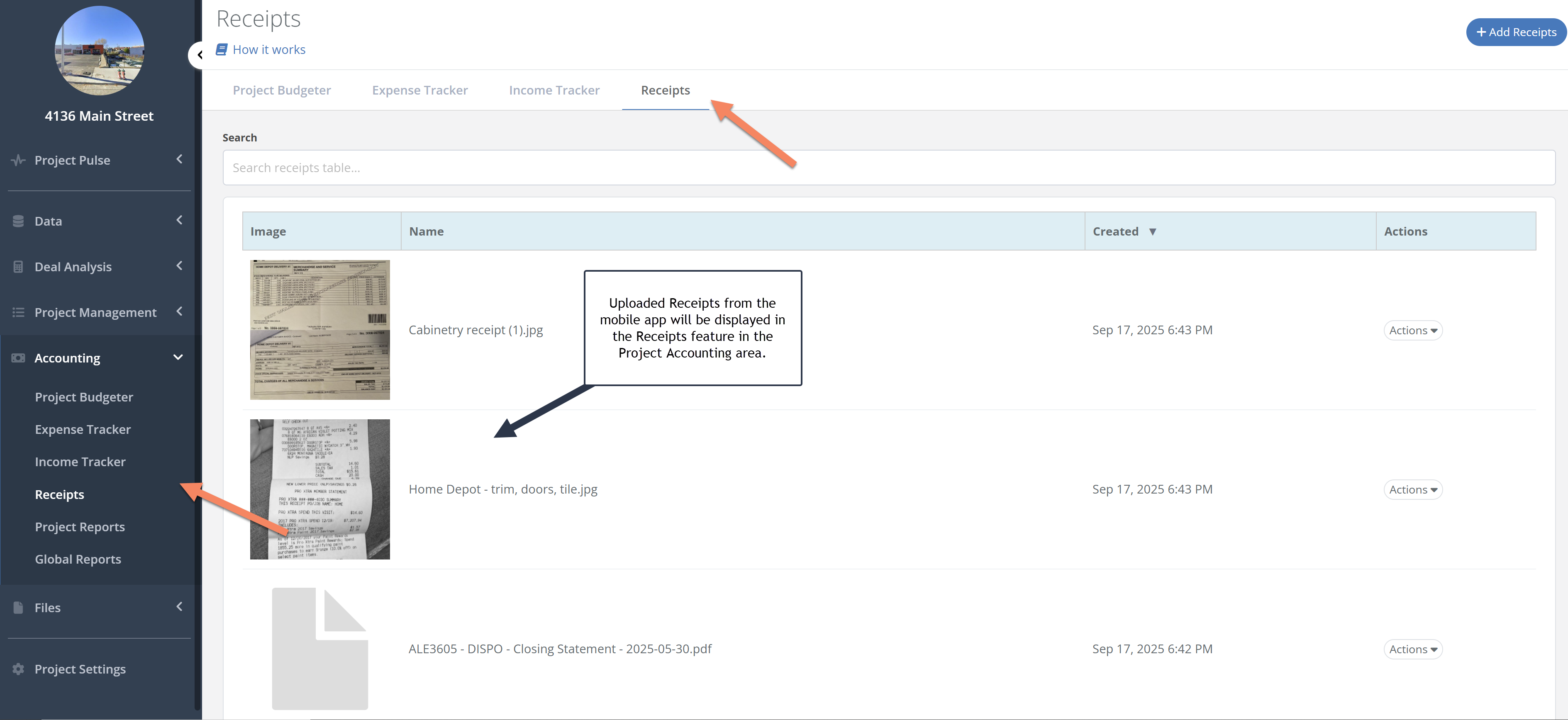 Organize: All uploaded receipts are displayed in the dedicated "Receipts" table in the FlipperForce web app.