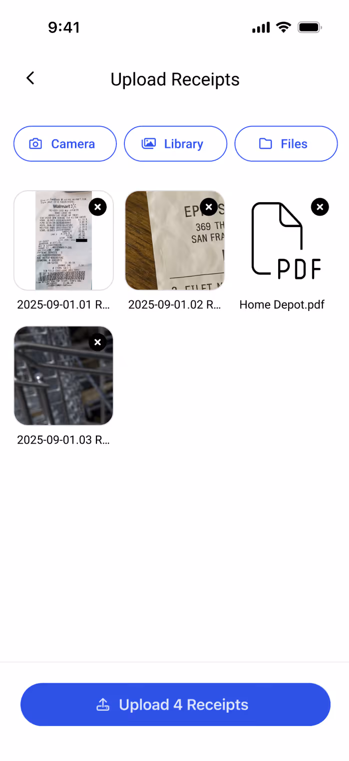 Upload: Take a picture via the mobile app or upload files in bulk through the web app.