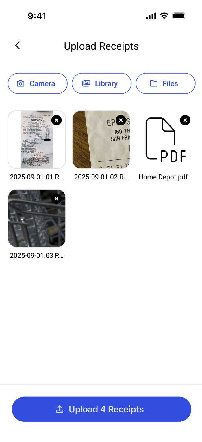 Upload: Take a picture via the mobile app or upload files in bulk through the web app.