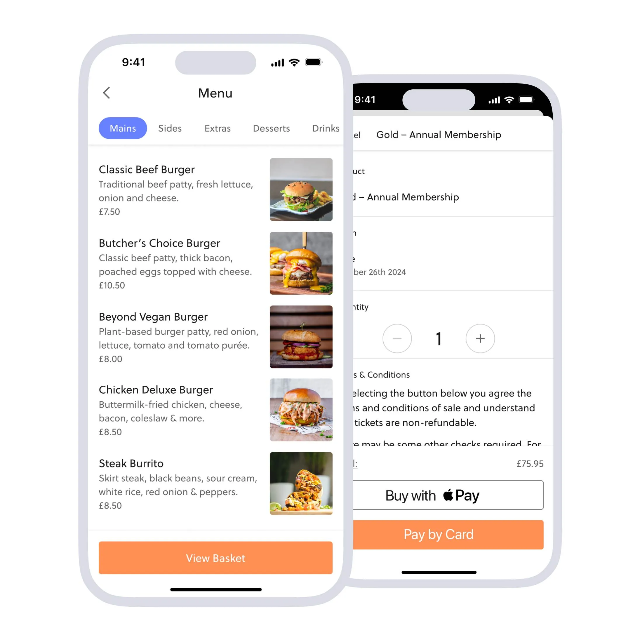 Mobile food ordering menu and upgrading tickets