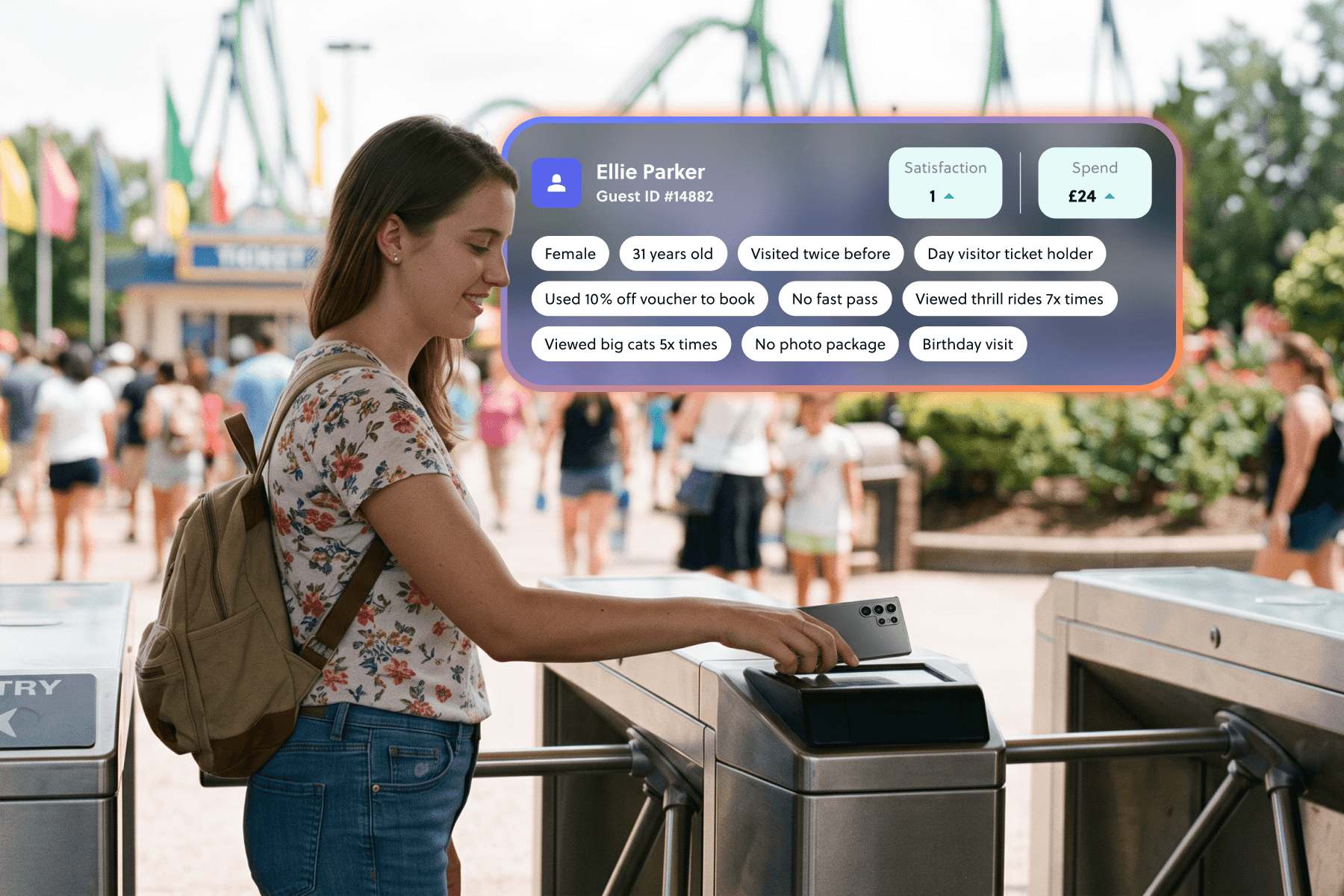 A guest scanning a ticket at an attraction entry gate