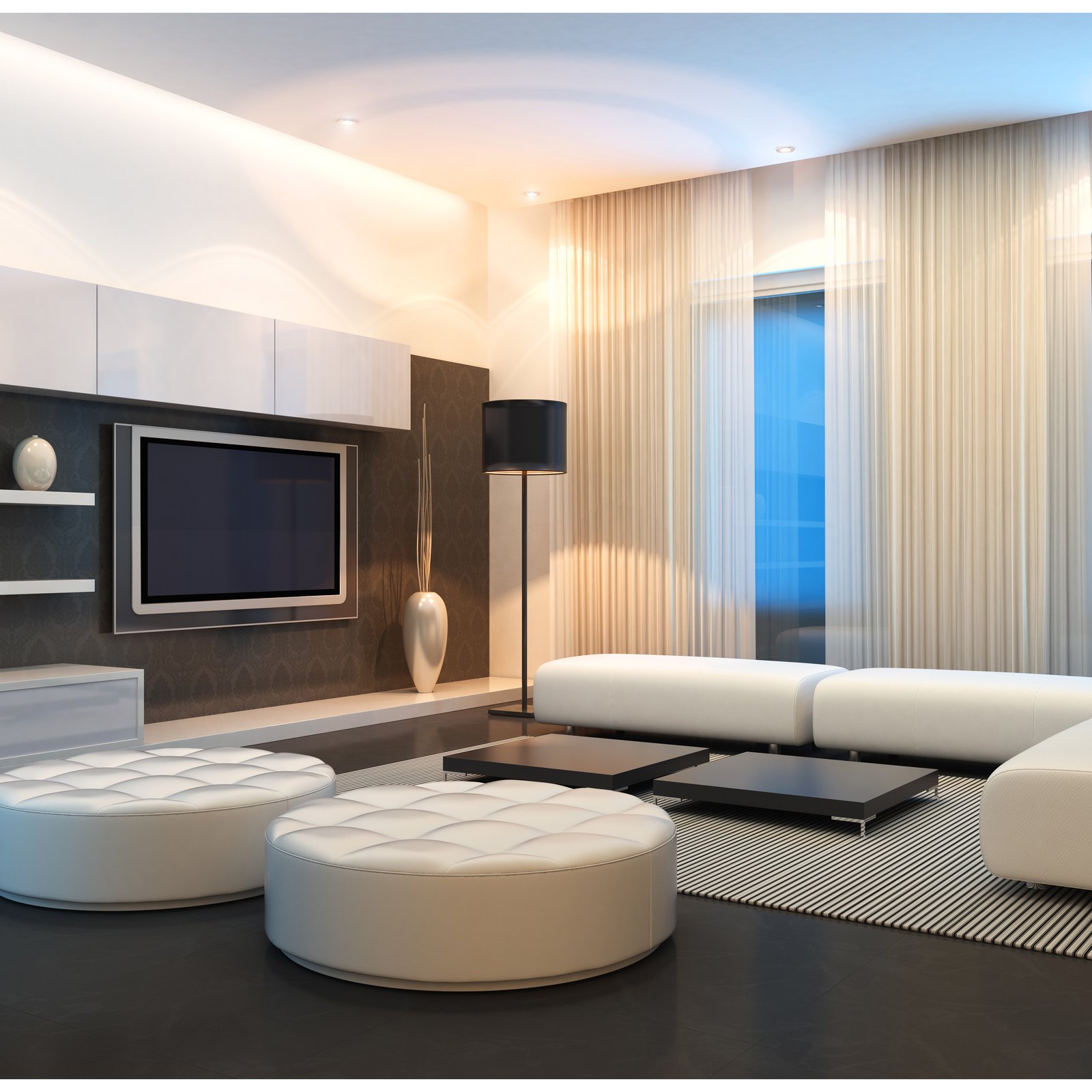 Architectural lounge with discreet audio, video, lighting, and shading