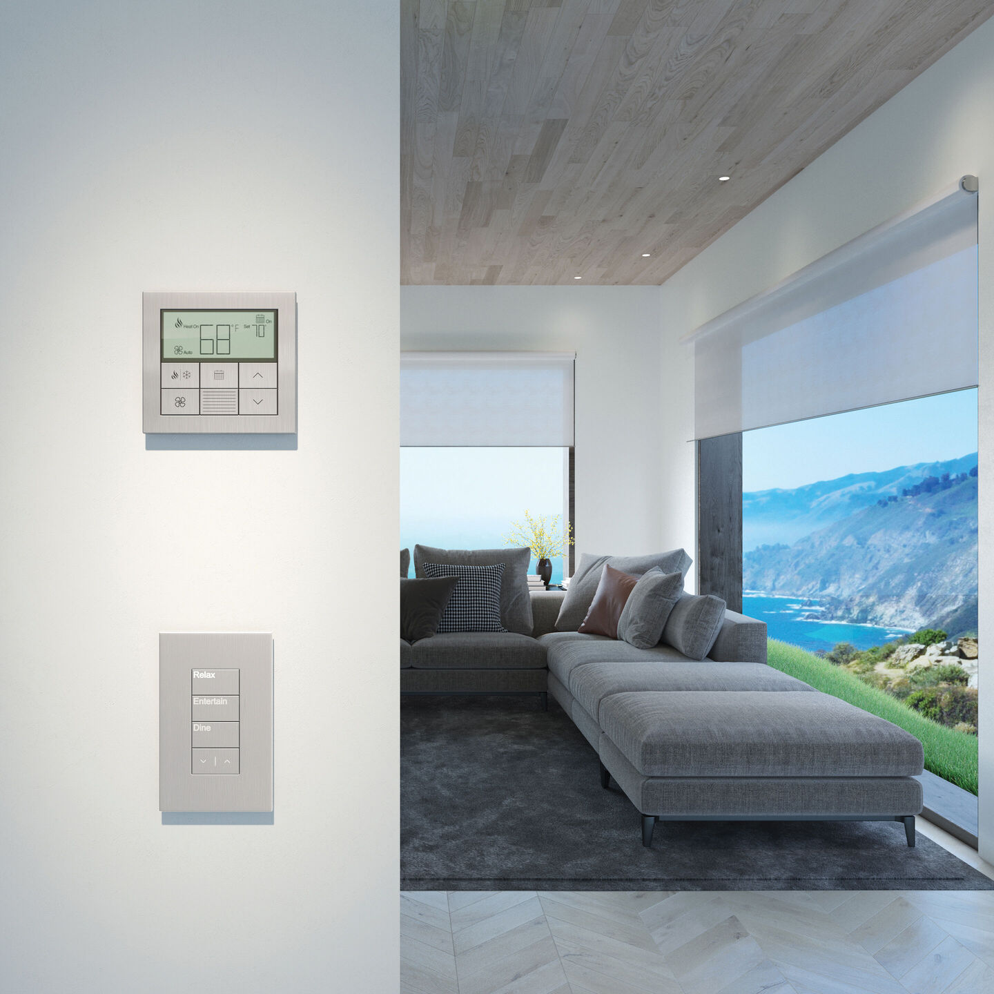 Lutron Palladiom keypad and thermostat beside a living room with motorized shades