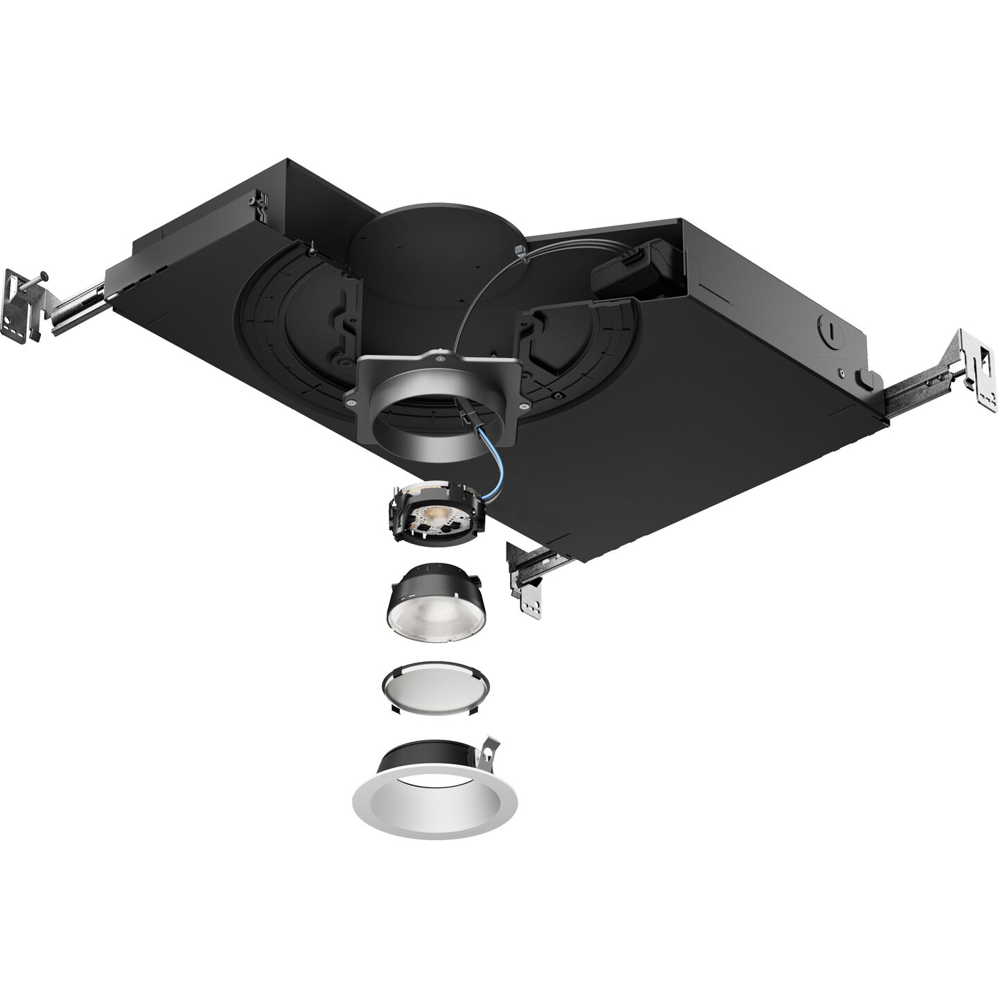 Exploded view of Lutron Ketra D2 housing light engine optic and trim