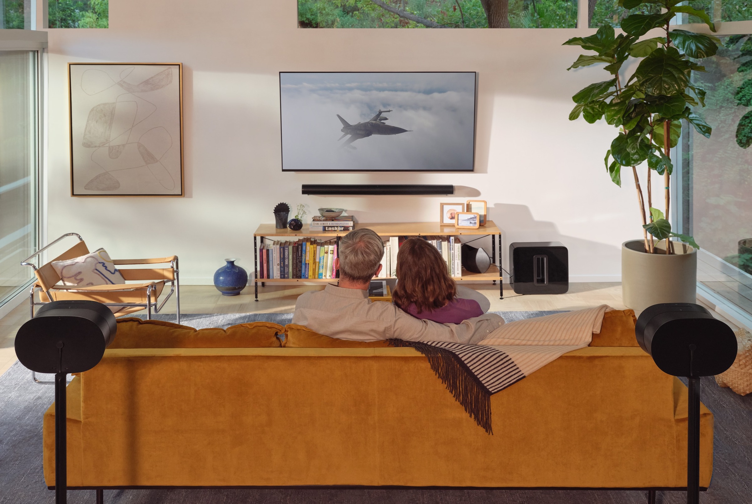 Living room using Sonos Era 300 speakers for surround and spatial audio
