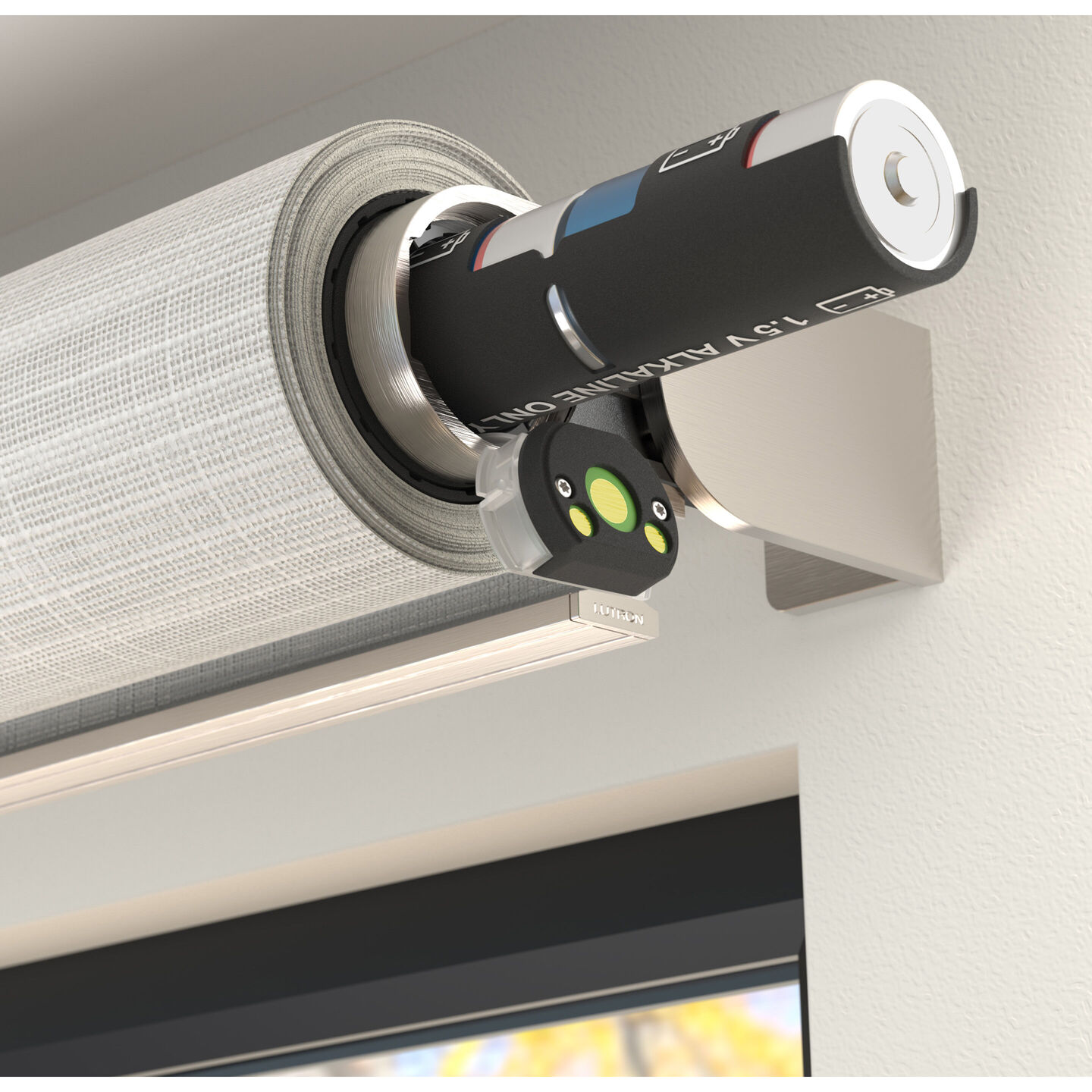 Lutron Palladiom wire-free roller shade showing the concealed D-cell battery access detail