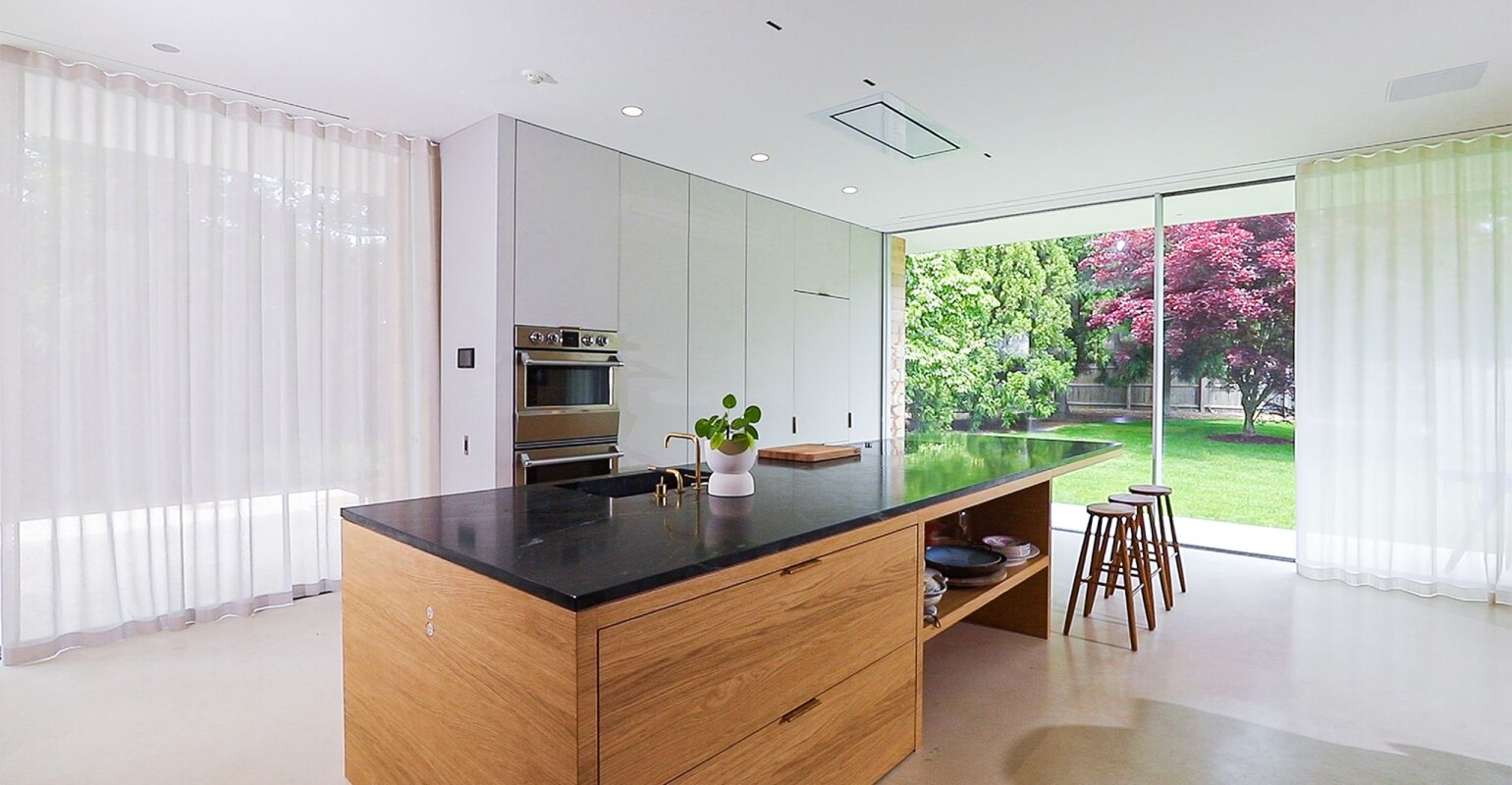 Blindspace recessed curtain track integrated into a clean ceiling detail for floor-to-ceiling drapery