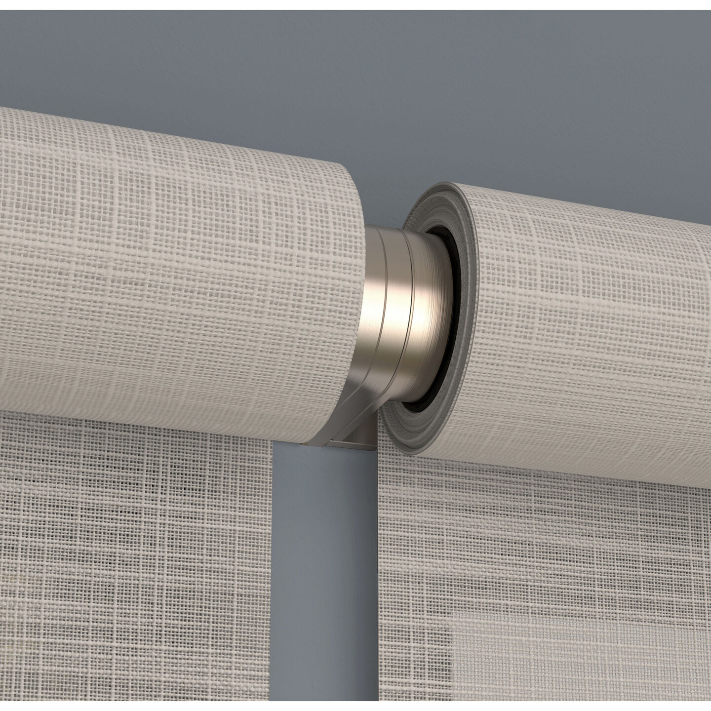 Close-up of two Lutron Palladiom roller shades meeting at a refined center bracket