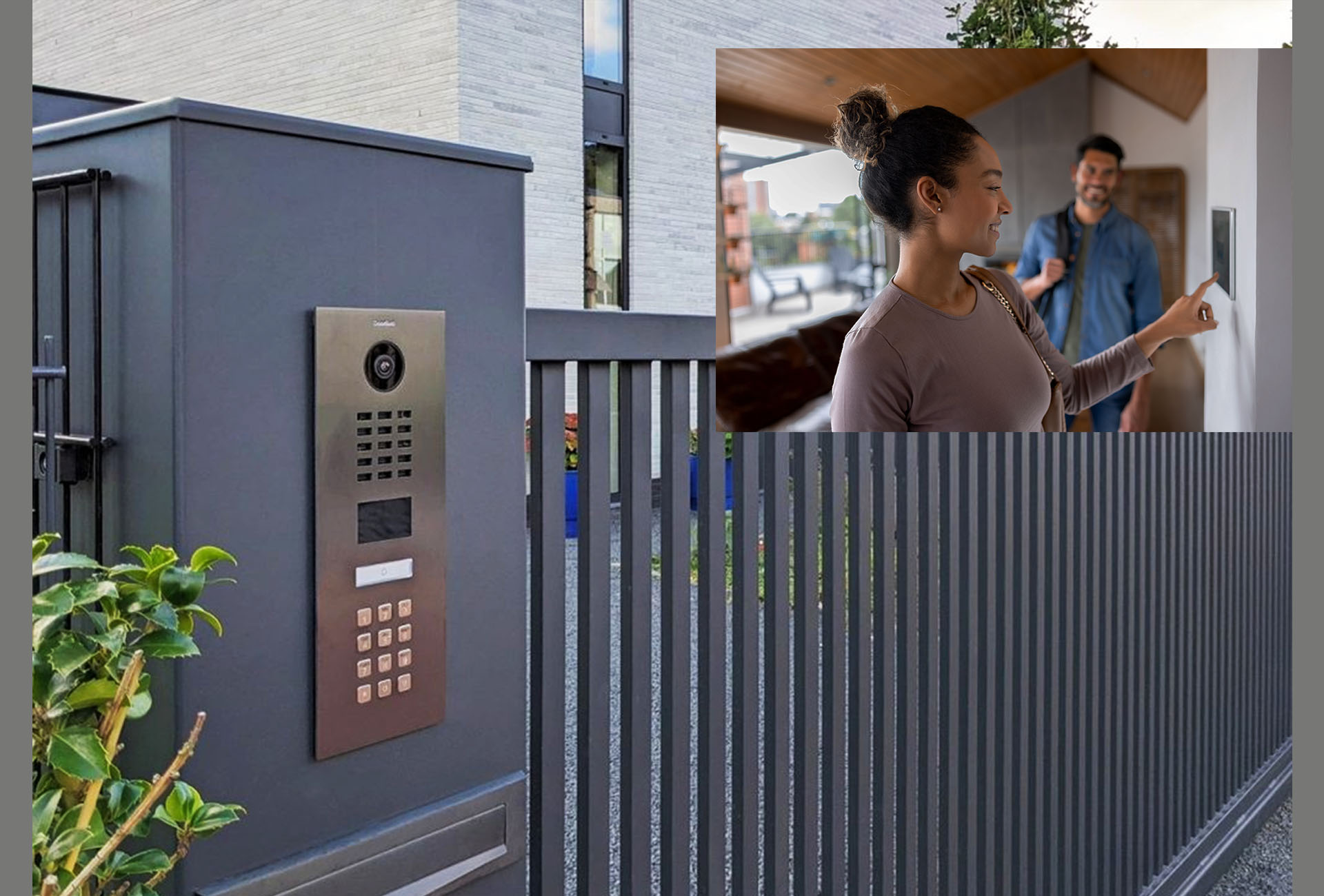 Modern gate intercom illustrating live video and residential visitor communication
