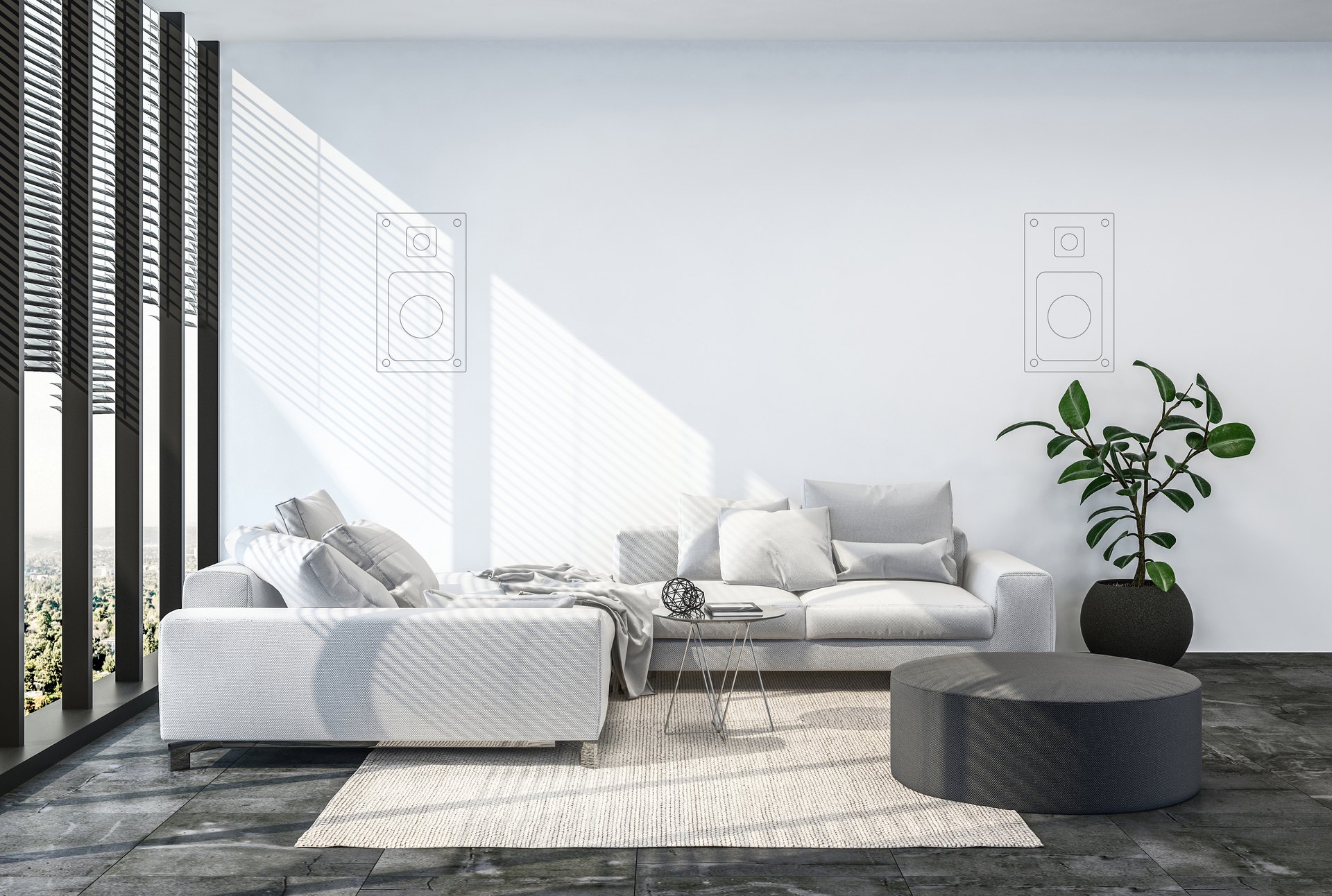 Minimal white living room using concealed invisible architectural speakers
