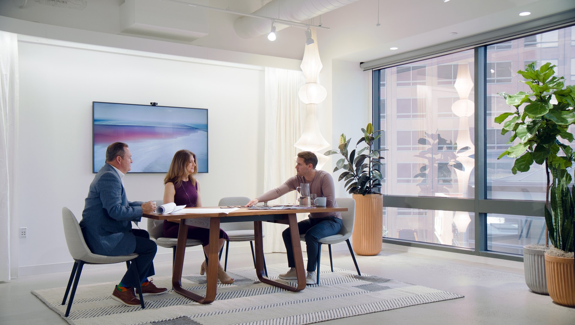 Conference room with layered architectural lighting