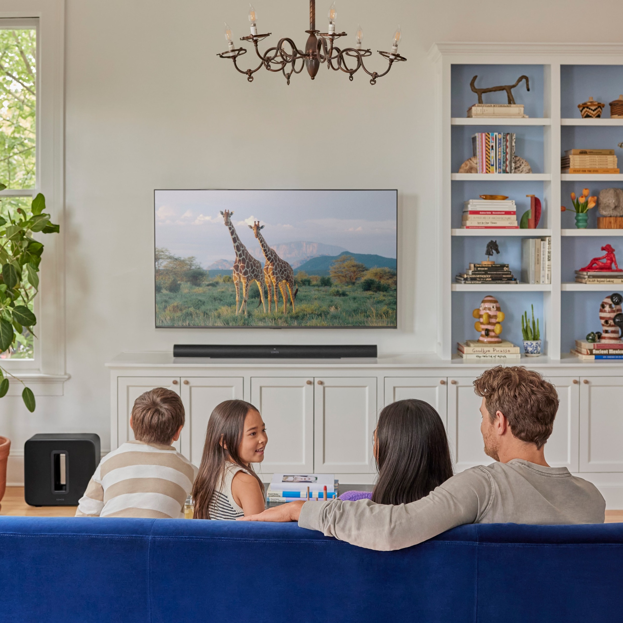 Sonos home theater product family arranged for a media-room system