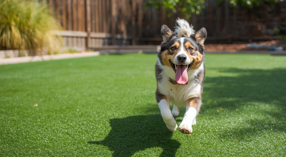 A happy dog runs across freshly laid synthetic grass in a sunny backyard.