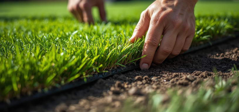 A close-up view shows the neat installation of artificial grass over soil.