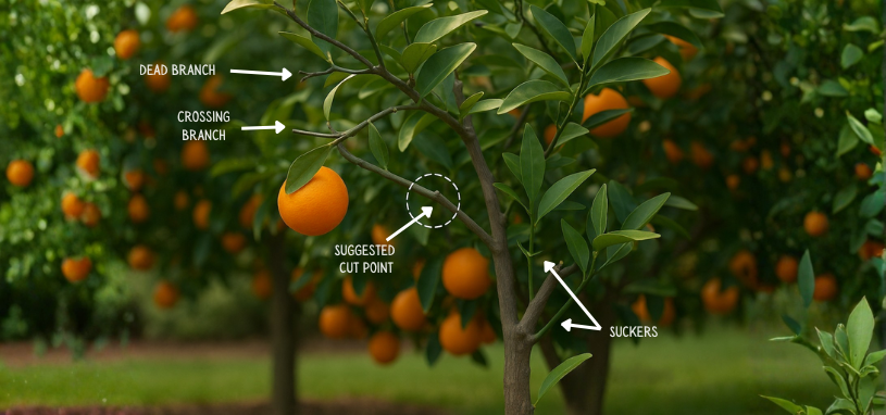 A labelled citrus tree diagram highlights key pruning points, including a dead branch, a crossing branch, suckers near the base, and a suggested cut point for proper pruning technique.