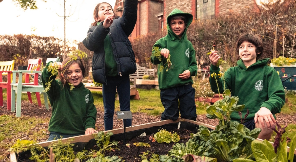 A group of children and adults working together in a school garden, planting and caring for young seedlings.