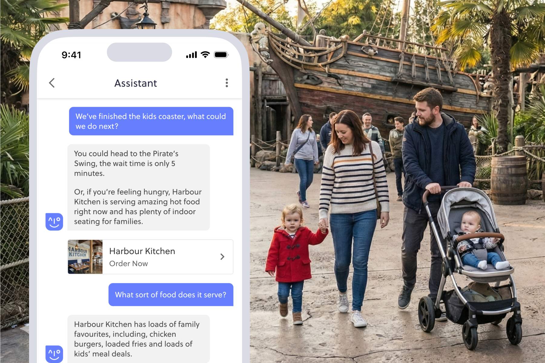 AI assistant helping guests walk around a theme park
