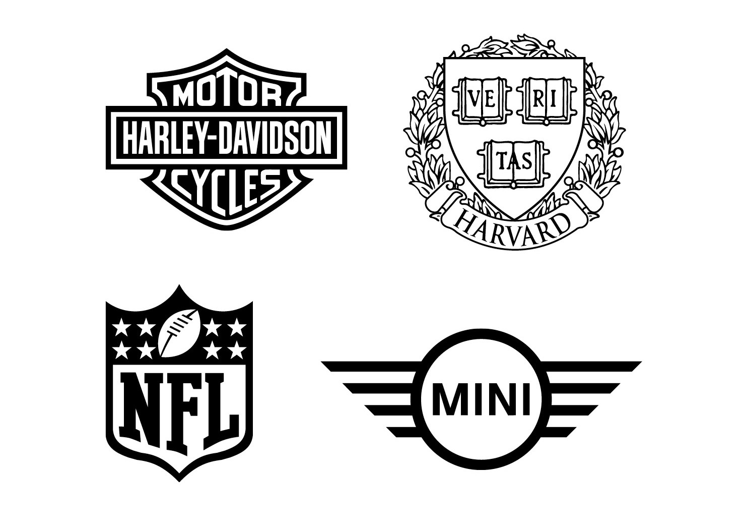 Emblem designs for Harley-Davidson, Harvard University, NFL and Mini
