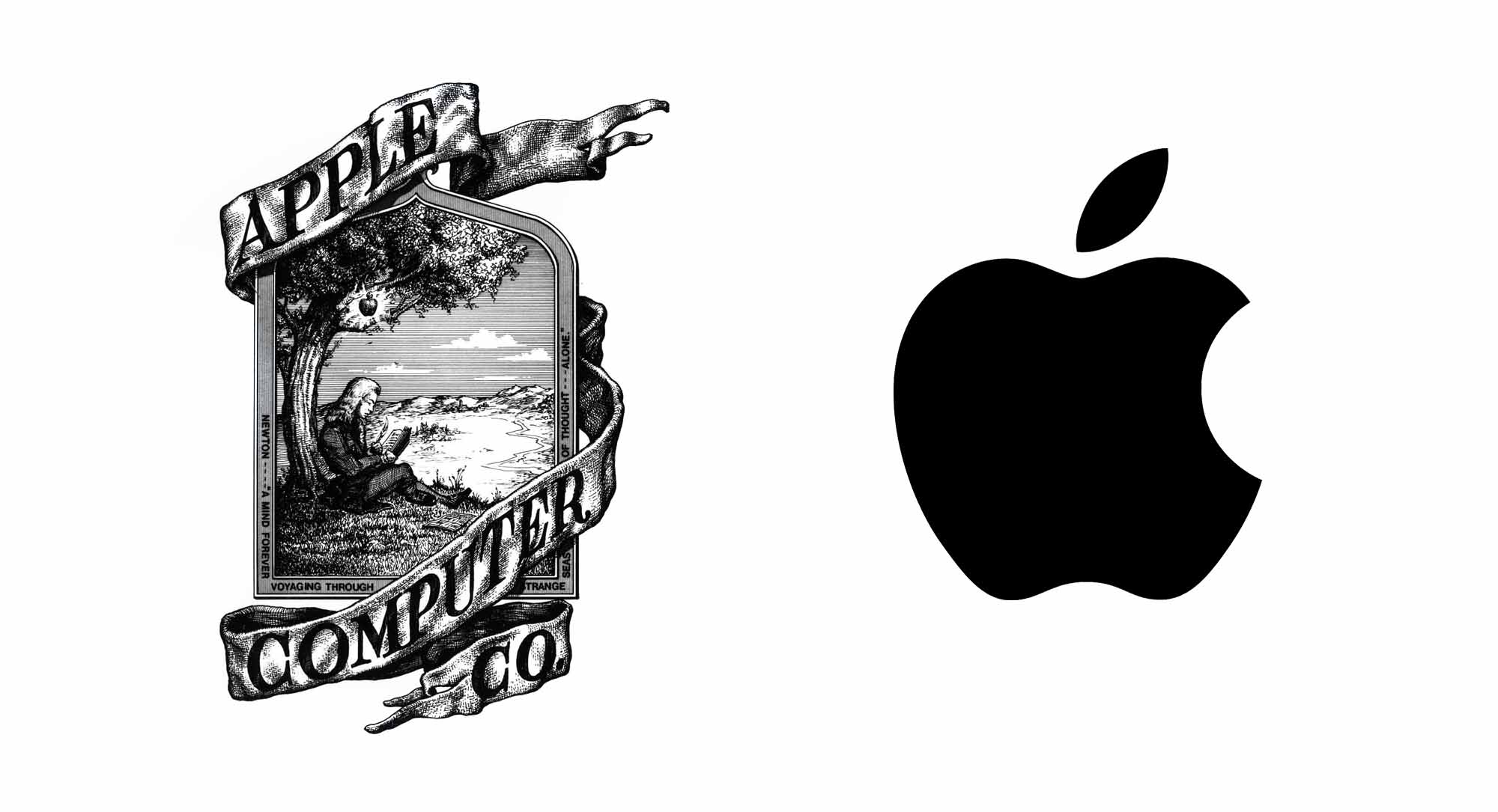 The first Apple logo designed in 1976, next to the logo we know today.