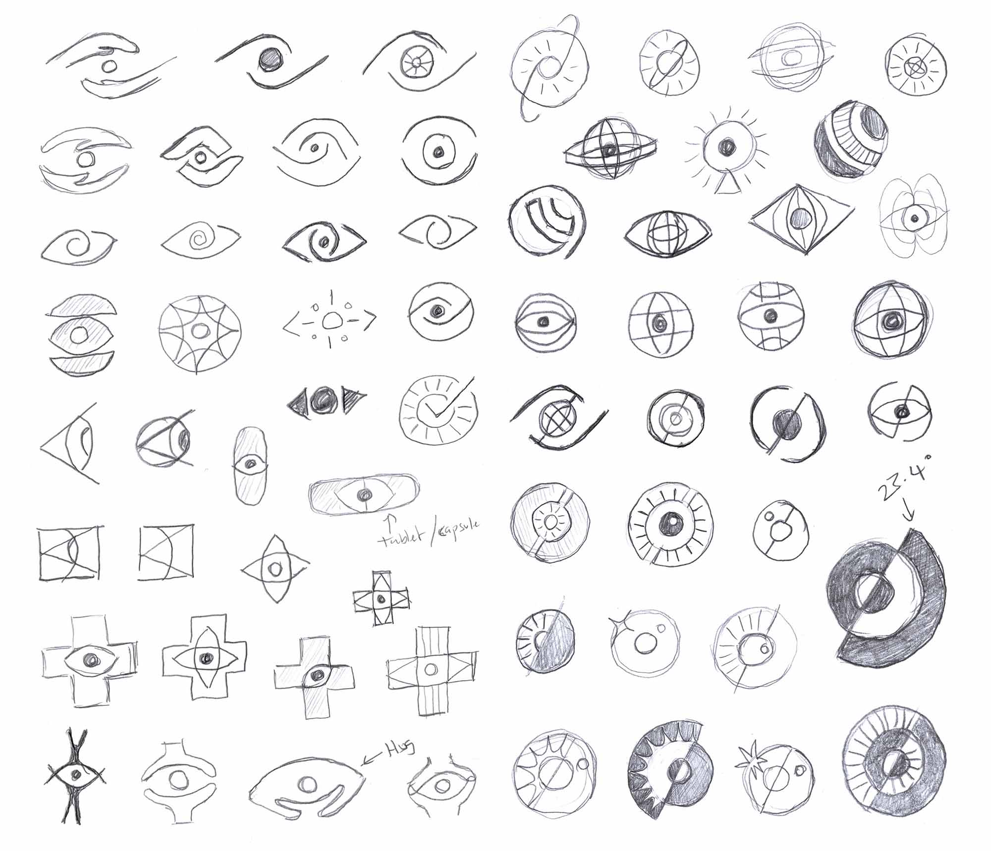 A selection of sketches, exploring 'Eye' symbol ideas for the International Centre for Eye Health logo, designed by Ian Paget.