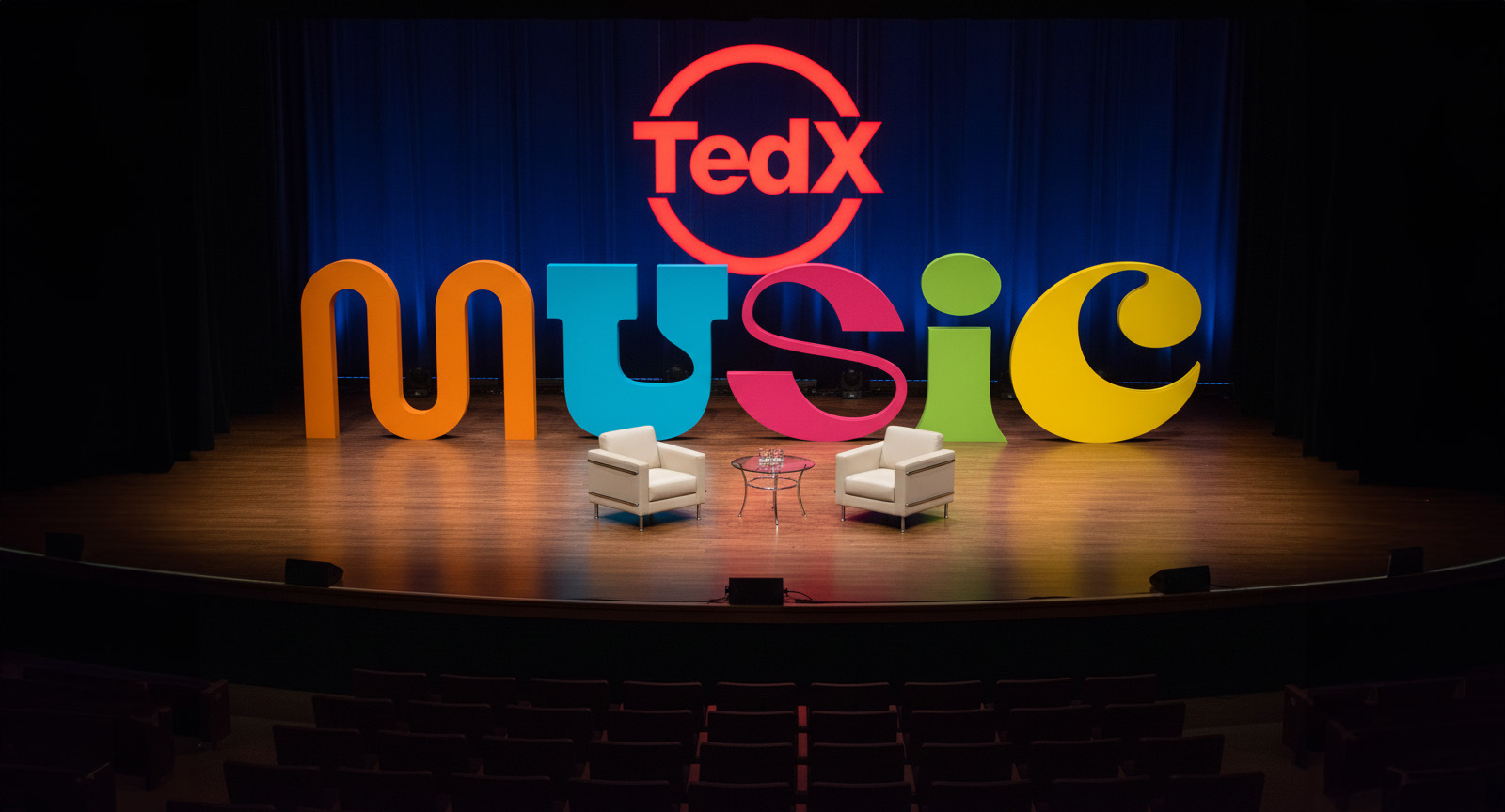 Cirencester Music Academy logo on a stage for a TedX Talk