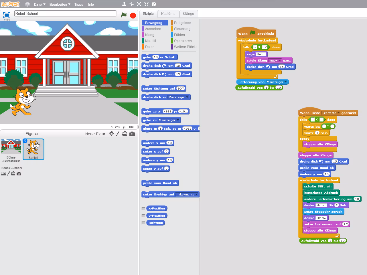 	
Eine Scratch-Programmieroberfläche zeigt ein Cartoon-Katzen-Sprite vor einem roten Schulgebäude. Auf der rechten Seite werden bunte Codeblöcke in deutscher Sprache angezeigt, während auf der linken Seite das Sprite und seine Details aufgelistet sind.