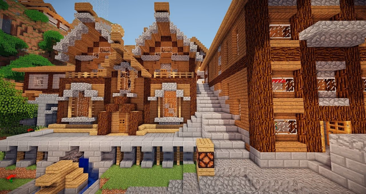 	
Eine detaillierte Minecraft-Szene mit Holz- und Steinhäusern mit spitzen Dächern, einer Steintreppe und einer Straßenlaterne entlang eines gepflasterten Weges, alles in einer hellen Außenumgebung.