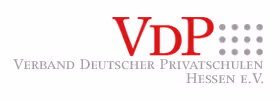 Logo des Verbandes Deutscher Privatschulen Hessen e.V. mit den Initialen VDP in Rot und dem vollständigen Namen in Grau, daneben ein quadratisches Raster aus neun grauen Punkten.