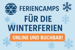 	 Banner mit Schneeflocken und dem Text: Feriencamps für die Winterferien. Online und buchbar! (übersetzt: Feriencamps für die Winterferien. Online und buchbar!).