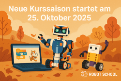 Zwei Cartoon-Roboter stehen neben einem Laptop, der ein Scratch-Projekt zeigt. Im Hintergrund sind Herbstbäume und Blätter zu sehen. Der Text lautet: Neue Kurssaison beginnt am 25. Oktober 2025. Das Logo der Roboterschule erscheint in der Ecke.