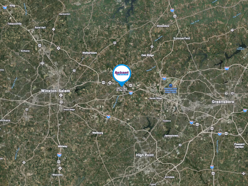 Map showing the location of Reliant Dry Ice's North Carolina location on a map in between Winston-Salem and Greensboro areas.