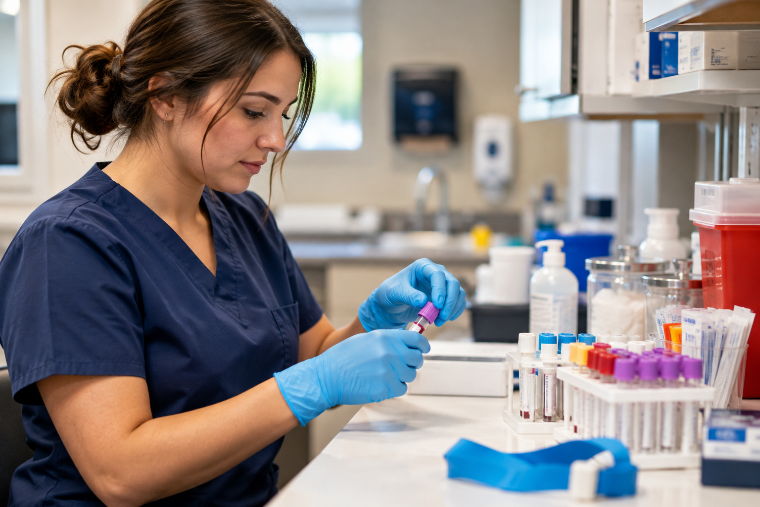Phlebotomy technician wearing gloves handling a collection tube at a clinical laboratory workstation.