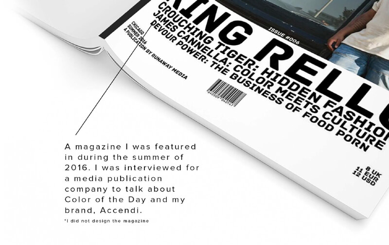 Screenshot of the cover of Runway Media's publication featuring an interview of James Cannella discussing Color of the Day (COTD) Twitter account and his handmade organic clothing brand, Accendi.