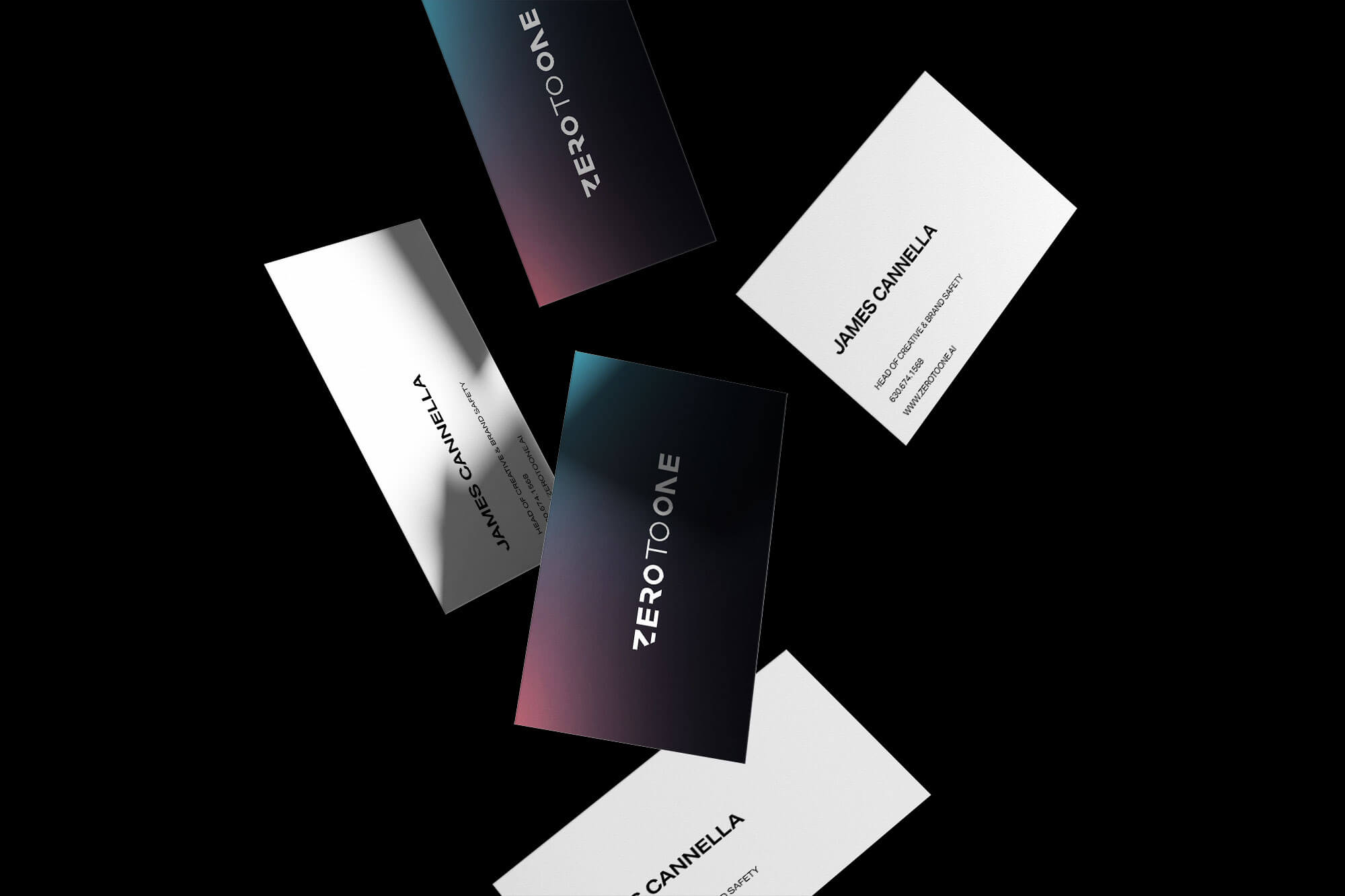 Five business cards floating on a black background, with two white cards showing the name James Cannella and three dark gradient cards displaying the logo ZERO TO ONE.