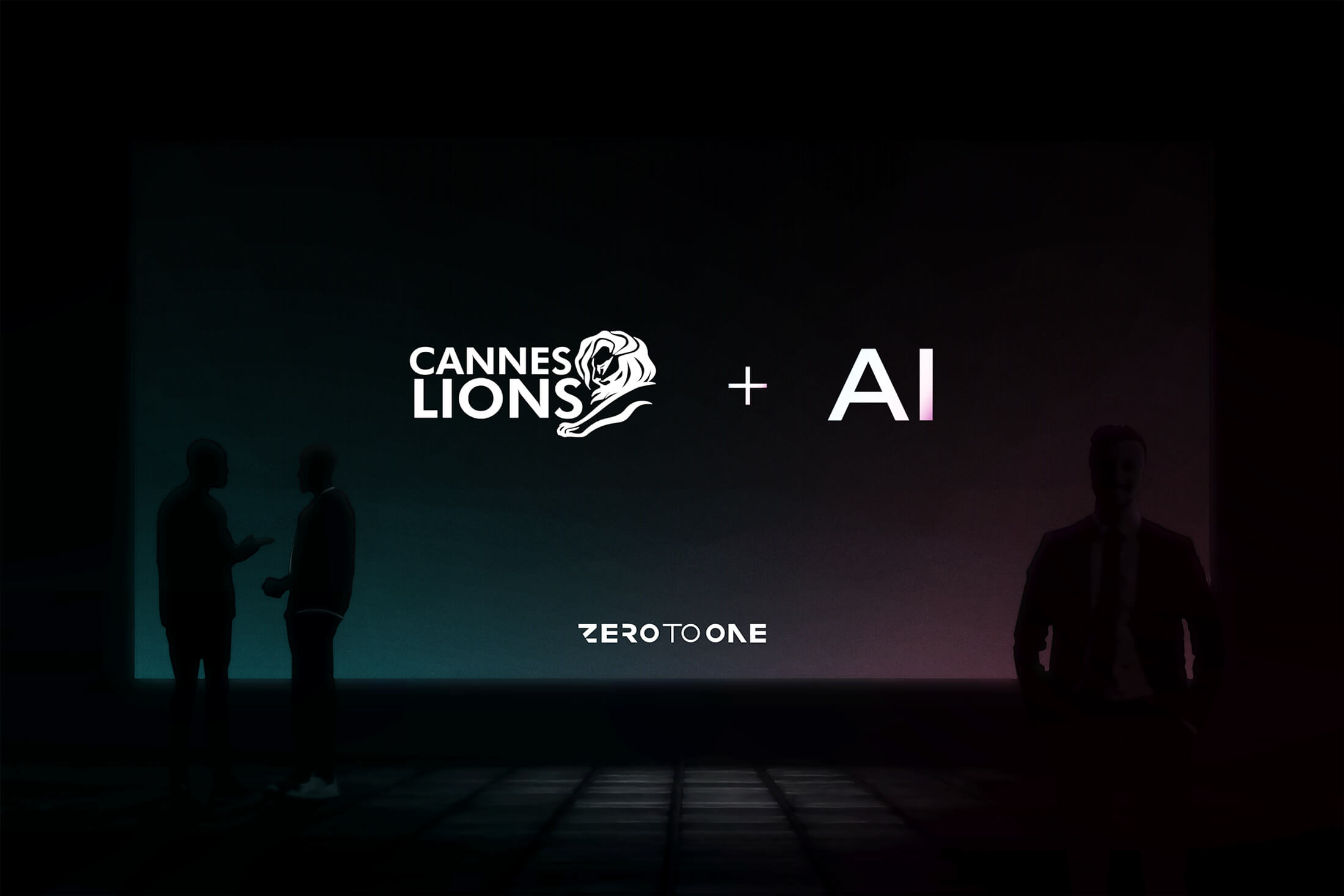 Dark room with a screen displaying the text 'Cannes Lions + AI' and 'Zero to One' with silhouettes of three people in front.