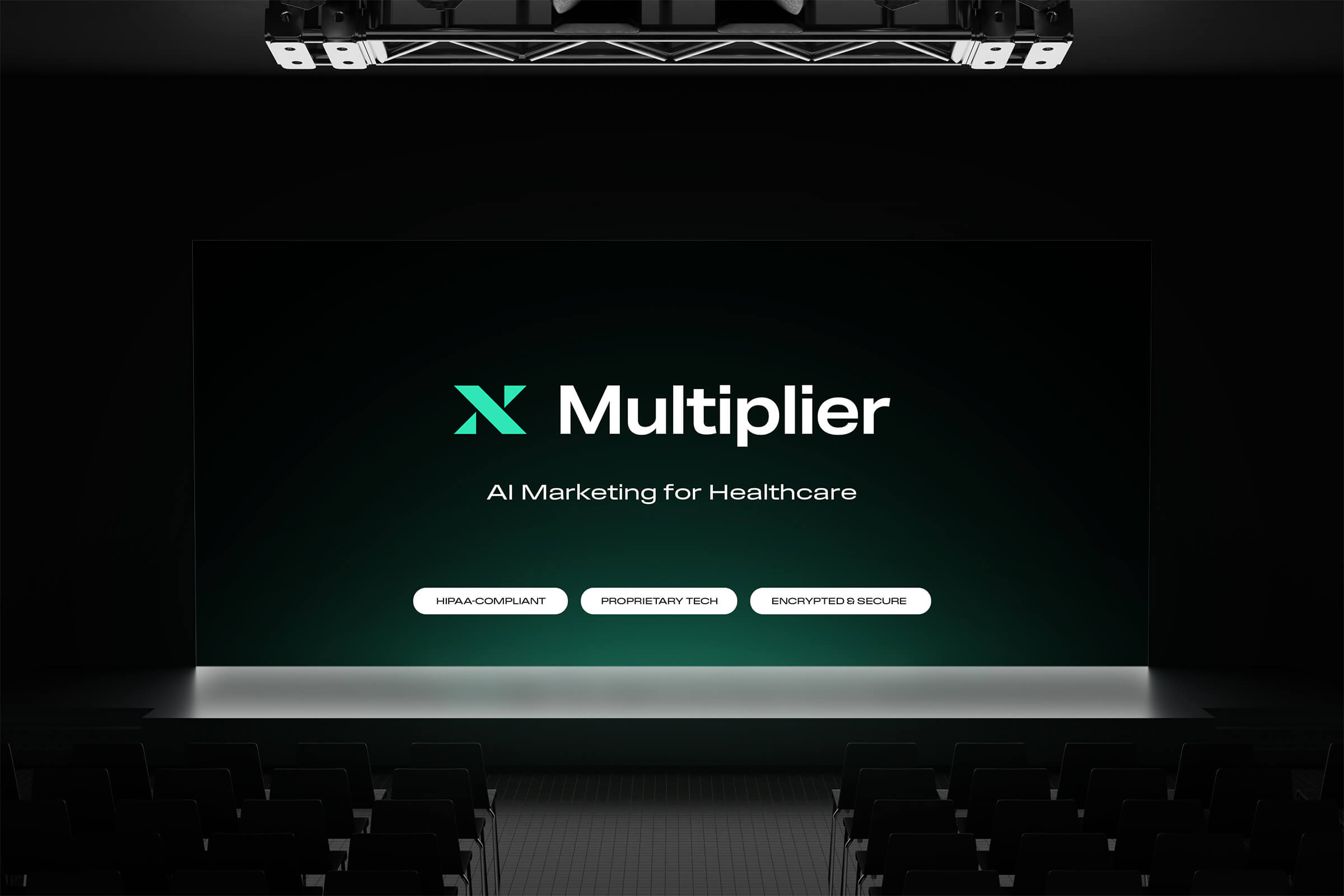 Dark conference room with a large screen displaying Multiplier logo and text about AI marketing for healthcare, highlighting HIPAA compliance, proprietary tech, and encryption. Brand identity design by James Cannella for Multiplier, founded by serial entrepreneur Naseer Hashim