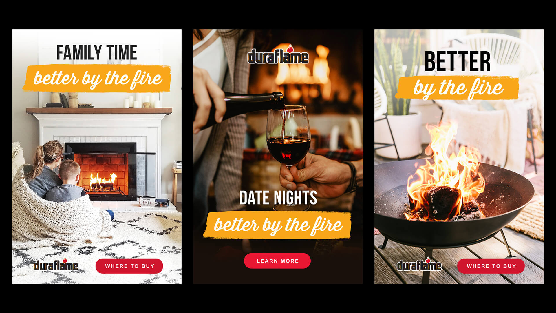 3 social media posts and Pinterest ads for Duraflame logs. Designed by James Cannella for August United (formerly Sitewire)