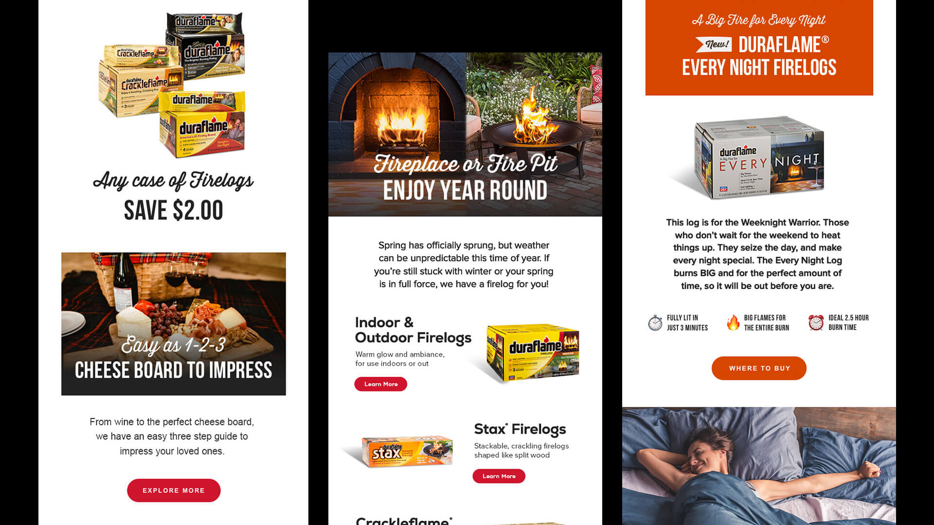 Duraflame firelog product cases with picnic cheese board, indoor and outdoor firelogs, fire pit and fireplace images, and Every Night Firelogs product with promotional text. Email marketing newsletter designs for Duraflame logs by James Cannella for August United.