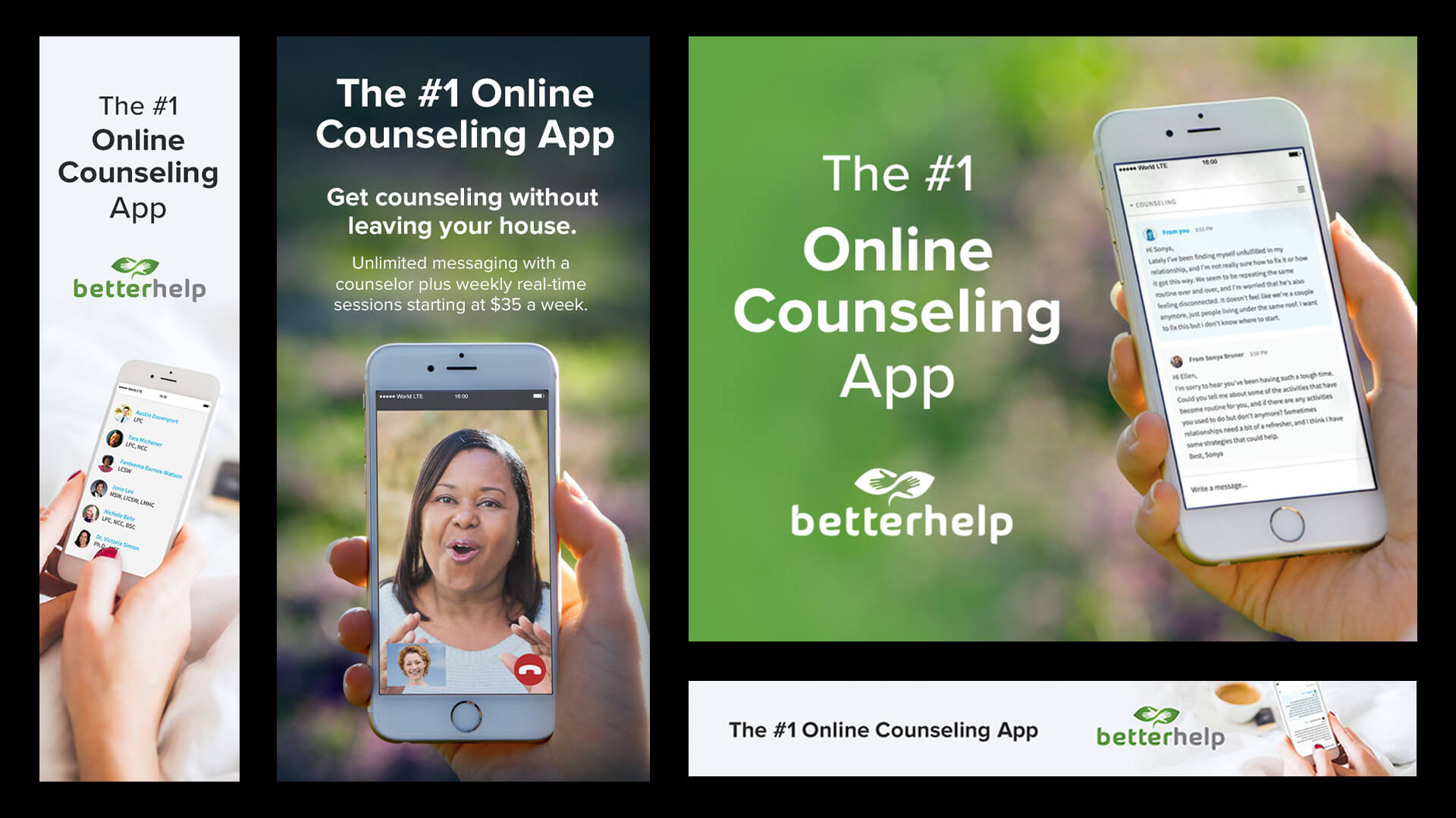 Collage showing BetterHelp app promoting online counseling with images of hands holding smartphones displaying counselor lists, a video call, and text messages. Designed by James Cannella