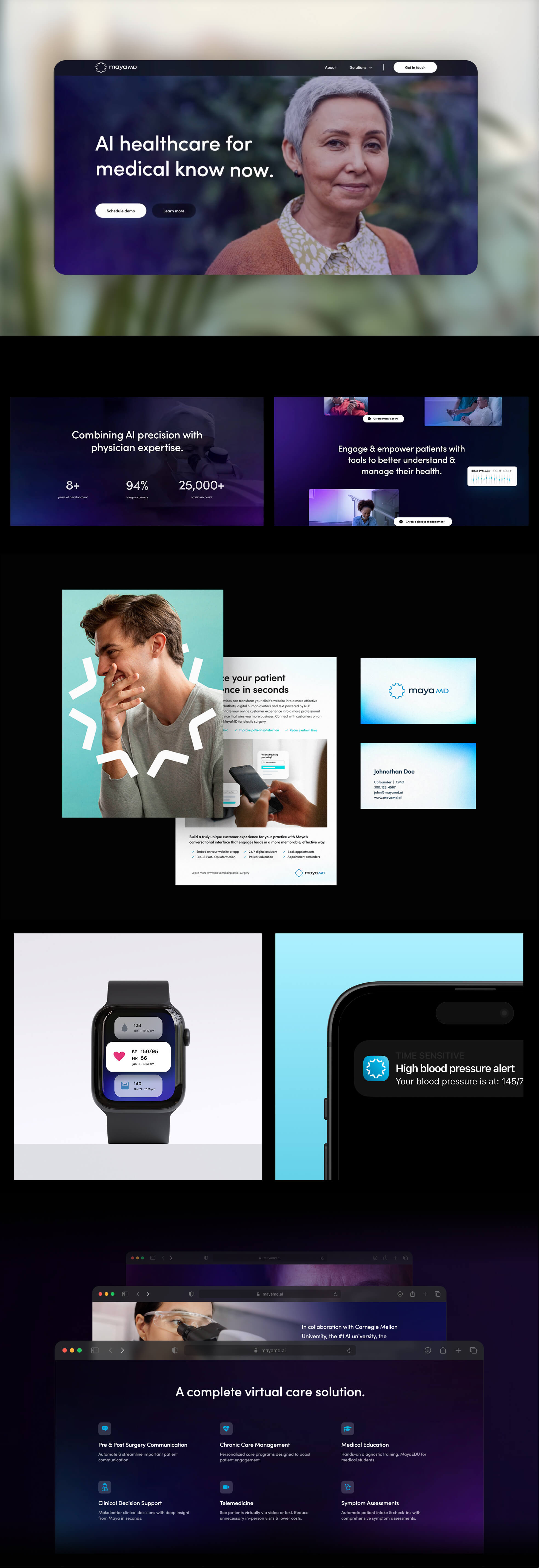 Website design and branding for MayaMD, an AI-powered healthcare platform. Design work for a health tech startup, including brand collateral mockups, homepage design mockup, microinteraction design in Webflow and more.