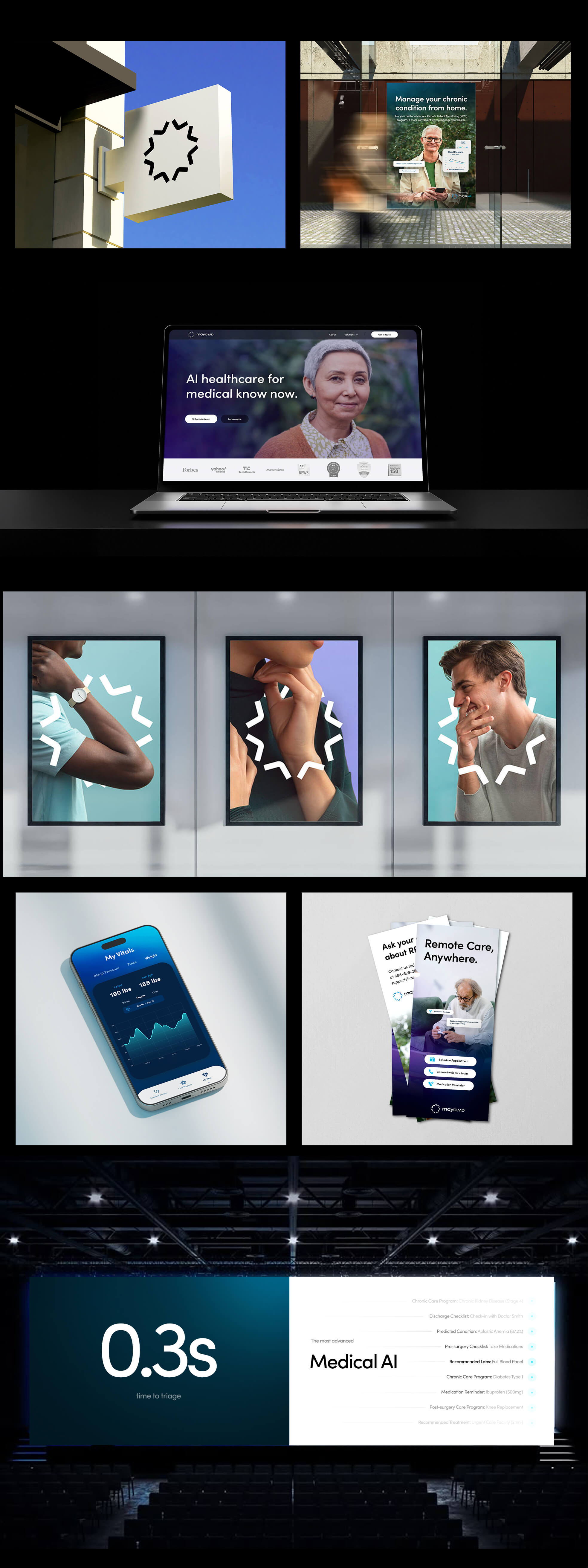 Design showcase for the branding, web design, and UI/UX design done for AI telehealth platform MayaMD. Store sign mockup featuring custom logo design by award-winning designer James Cannella, brand collateral mockups including signs and billboards, custom flyer handout designs, and UI/UX design for an AI-powered healthcare mobile phone app. 