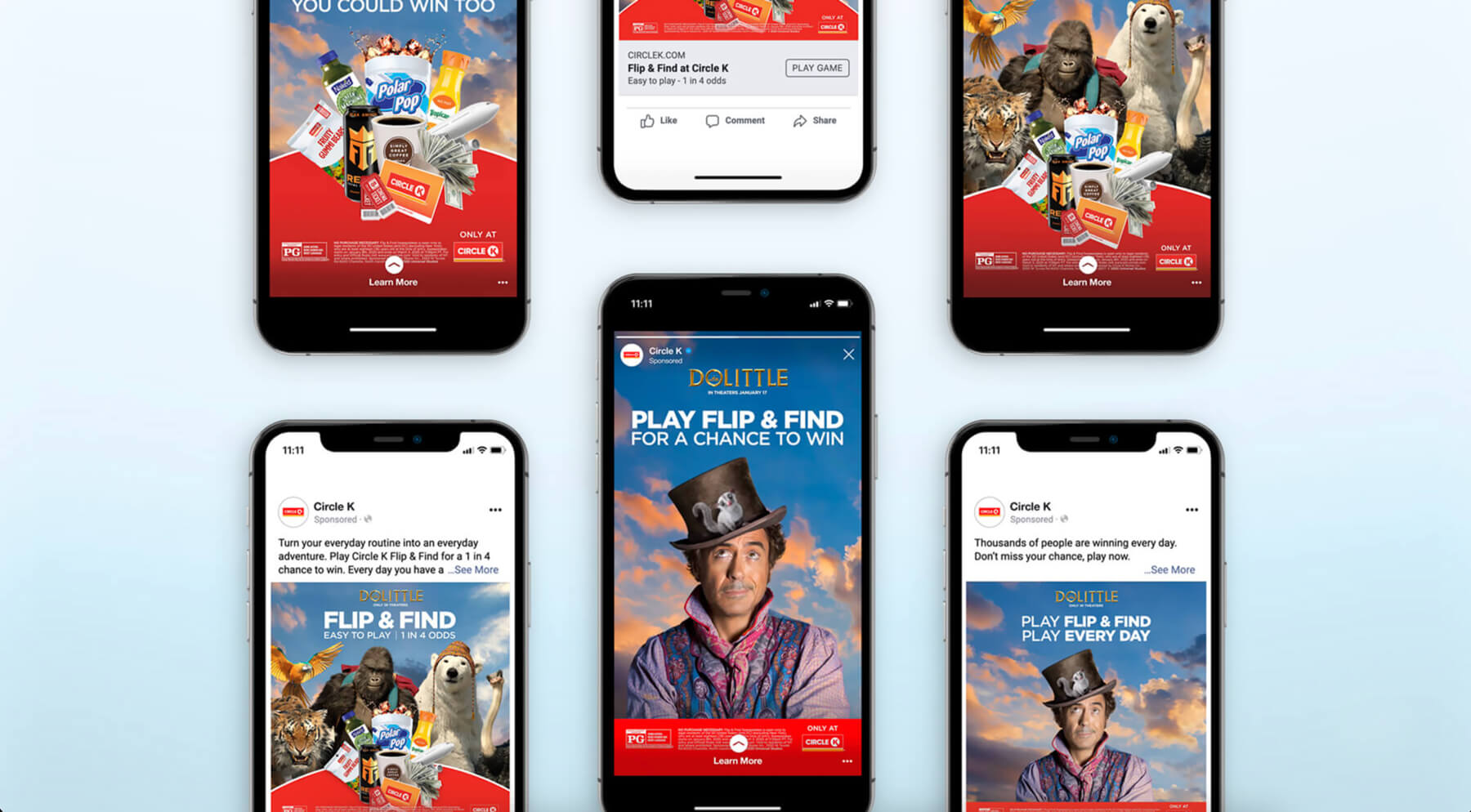 Six smartphones displaying Circle K Dolittle Flip & Find promotional ads featuring the movie character and various animals.