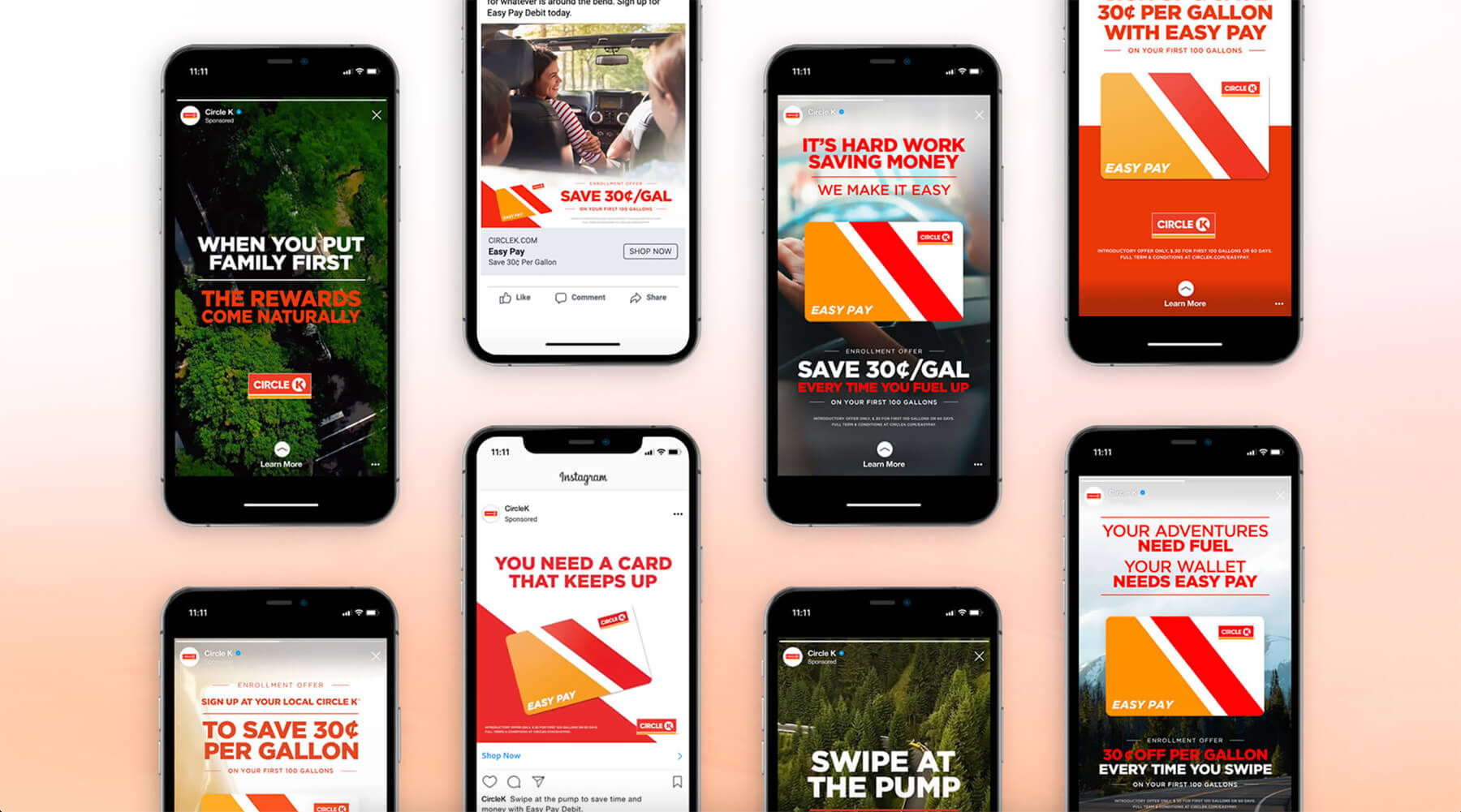 Multiple smartphone screens displaying Circle K Easy Pay promotional ads highlighting fuel savings and rewards.