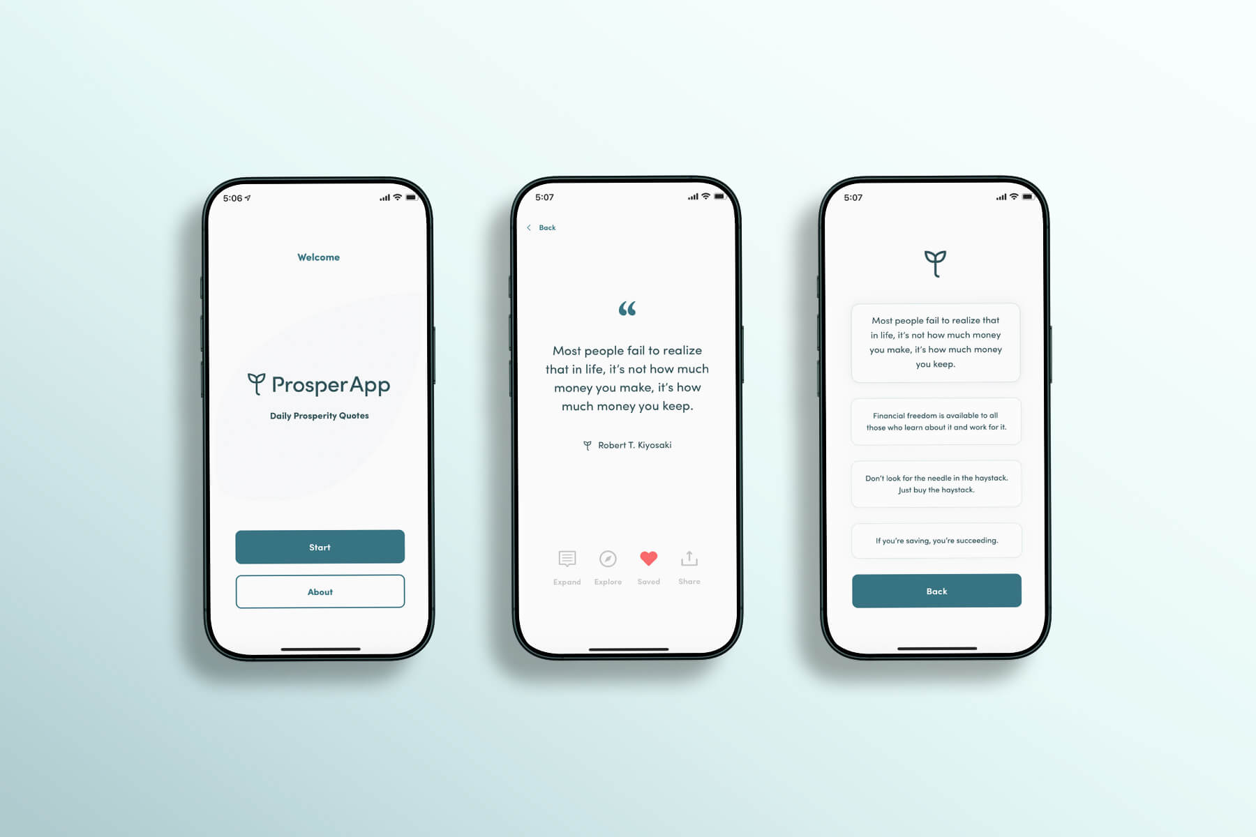 Three iPhone screens showing the ProsperApp interface with a welcome screen, a daily prosperity quote by Robert T. Kiyosaki, and a list of quotes with a back button.